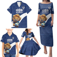 Custom Finland Football Lion Mascot Family Matching Puletasi and Hawaiian Shirt Huuhkajat with Finnish Folk Paterns