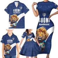 Custom Finland Football Lion Mascot Family Matching Short Sleeve Bodycon Dress and Hawaiian Shirt Huuhkajat with Finnish Folk Paterns