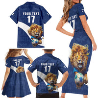 Custom Finland Football Lion Mascot Family Matching Short Sleeve Bodycon Dress and Hawaiian Shirt Huuhkajat with Finnish Folk Paterns