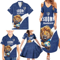 Custom Finland Football Lion Mascot Family Matching Summer Maxi Dress and Hawaiian Shirt Huuhkajat with Finnish Folk Paterns