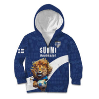 Custom Finland Football Lion Mascot Kid Hoodie Huuhkajat with Finnish Folk Paterns