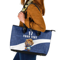Custom Finland Football Lion Mascot Leather Tote Bag Huuhkajat with Finnish Folk Paterns