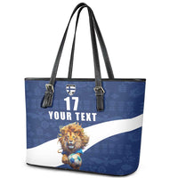 Custom Finland Football Lion Mascot Leather Tote Bag Huuhkajat with Finnish Folk Paterns