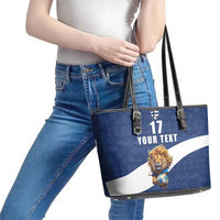 Custom Finland Football Lion Mascot Leather Tote Bag Huuhkajat with Finnish Folk Paterns