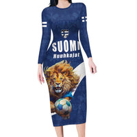 Custom Finland Football Lion Mascot Long Sleeve Bodycon Dress Huuhkajat with Finnish Folk Paterns