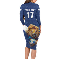 Custom Finland Football Lion Mascot Long Sleeve Bodycon Dress Huuhkajat with Finnish Folk Paterns
