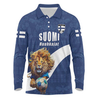 Custom Finland Football Lion Mascot Long Sleeve Polo Shirt Huuhkajat with Finnish Folk Paterns