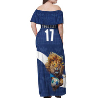 Custom Finland Football Lion Mascot Off Shoulder Maxi Dress Huuhkajat with Finnish Folk Paterns