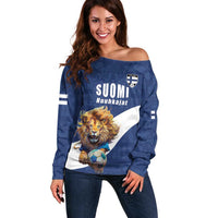 Custom Finland Football Lion Mascot Off Shoulder Sweater Huuhkajat with Finnish Folk Paterns