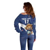 Custom Finland Football Lion Mascot Off Shoulder Sweater Huuhkajat with Finnish Folk Paterns