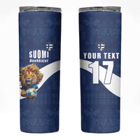 Custom Finland Football Lion Mascot Skinny Tumbler Huuhkajat with Finnish Folk Paterns