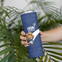 Custom Finland Football Lion Mascot Skinny Tumbler Huuhkajat with Finnish Folk Paterns