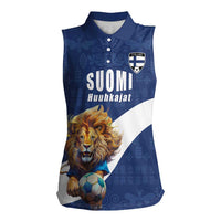 Custom Finland Football Lion Mascot Women Sleeveless Polo Shirt Huuhkajat with Finnish Folk Paterns