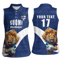 Custom Finland Football Lion Mascot Women Sleeveless Polo Shirt Huuhkajat with Finnish Folk Paterns
