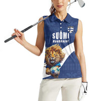 Custom Finland Football Lion Mascot Women Sleeveless Polo Shirt Huuhkajat with Finnish Folk Paterns