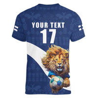 Custom Finland Football Lion Mascot Women V-Neck T-Shirt Huuhkajat with Finnish Folk Paterns