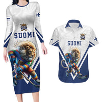 Custom Finland Ice Hockey Lion Mascot Couples Matching Long Sleeve Bodycon Dress and Hawaiian Shirt Sporty Style Come on Leijonat