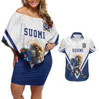 Custom Finland Ice Hockey Lion Mascot Couples Matching Off Shoulder Short Dress and Hawaiian Shirt Sporty Style Come on Leijonat