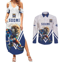 Custom Finland Ice Hockey Lion Mascot Couples Matching Summer Maxi Dress and Long Sleeve Button Shirt Sporty Style Come on Leijonat