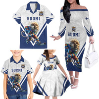 Custom Finland Ice Hockey Lion Mascot Family Matching Off The Shoulder Long Sleeve Dress and Hawaiian Shirt Sporty Style Come on Leijonat