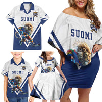Custom Finland Ice Hockey Lion Mascot Family Matching Off Shoulder Short Dress and Hawaiian Shirt Sporty Style Come on Leijonat