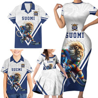 Custom Finland Ice Hockey Lion Mascot Family Matching Short Sleeve Bodycon Dress and Hawaiian Shirt Sporty Style Come on Leijonat