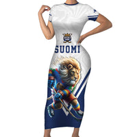 Custom Finland Ice Hockey Lion Mascot Family Matching Short Sleeve Bodycon Dress and Hawaiian Shirt Sporty Style Come on Leijonat