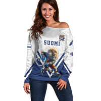 Custom Finland Ice Hockey Lion Mascot Off Shoulder Sweater Sporty Style Come on Leijonat