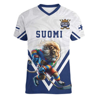 Custom Finland Ice Hockey Lion Mascot Women V-Neck T-Shirt Sporty Style Come on Leijonat