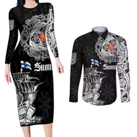 Finland Vikings Culture Couples Matching Long Sleeve Bodycon Dress and Long Sleeve Button Shirt Suomi Viking Ships