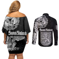 Finland Vikings Culture Couples Matching Off Shoulder Short Dress and Long Sleeve Button Shirt Suomi Viking Ships