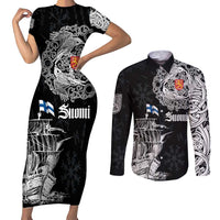Finland Vikings Culture Couples Matching Short Sleeve Bodycon Dress and Long Sleeve Button Shirt Suomi Viking Ships