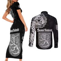 Finland Vikings Culture Couples Matching Short Sleeve Bodycon Dress and Long Sleeve Button Shirt Suomi Viking Ships