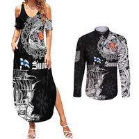 Finland Vikings Culture Couples Matching Summer Maxi Dress and Long Sleeve Button Shirt Suomi Viking Ships