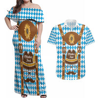 Germany Oktoberfest Couples Matching Off Shoulder Maxi Dress and Hawaiian Shirt Lederhosen Costume
