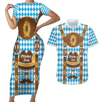 Germany Oktoberfest Couples Matching Short Sleeve Bodycon Dress and Hawaiian Shirt Lederhosen Costume