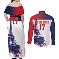 Custom France Basketball Couples Matching Off Shoulder Maxi Dress and Long Sleeve Button Shirt Eiffel Tower Sporty Style
