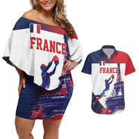 Custom France Basketball Couples Matching Off Shoulder Short Dress and Hawaiian Shirt Eiffel Tower Sporty Style