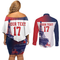 Custom France Basketball Couples Matching Off Shoulder Short Dress and Long Sleeve Button Shirt Eiffel Tower Sporty Style