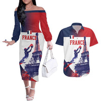 Custom France Basketball Couples Matching Off The Shoulder Long Sleeve Dress and Hawaiian Shirt Eiffel Tower Sporty Style
