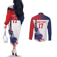 Custom France Basketball Couples Matching Off The Shoulder Long Sleeve Dress and Long Sleeve Button Shirt Eiffel Tower Sporty Style