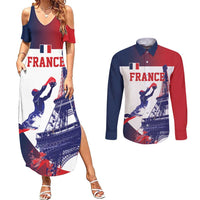 Custom France Basketball Couples Matching Summer Maxi Dress and Long Sleeve Button Shirt Eiffel Tower Sporty Style