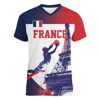 Custom France Basketball Women V-Neck T-Shirt Eiffel Tower Sporty Style