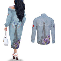 Personalized Fance Le 14 Juillet Couples Matching Off The Shoulder Long Sleeve Dress and Long Sleeve Button Shirt Eiffel Tower with Iris Flower