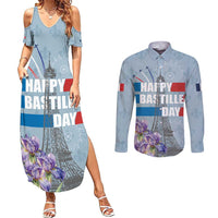Personalized Fance Le 14 Juillet Couples Matching Summer Maxi Dress and Long Sleeve Button Shirt Eiffel Tower with Iris Flower