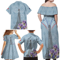 Personalized Fance Le 14 Juillet Family Matching Off Shoulder Maxi Dress and Hawaiian Shirt Eiffel Tower with Iris Flower