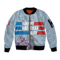 Personalized Fance Le 14 Juillet Sleeve Zip Bomber Jacket Eiffel Tower with Iris Flower