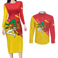 Personalized Italy Sicily Couples Matching Long Sleeve Bodycon Dress and Long Sleeve Button Shirt Sicilia Gorgoneion with Triskeles