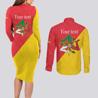 Personalized Italy Sicily Couples Matching Long Sleeve Bodycon Dress and Long Sleeve Button Shirt Sicilia Gorgoneion with Triskeles