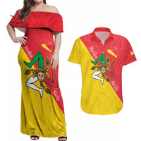 Personalized Italy Sicily Couples Matching Off Shoulder Maxi Dress and Hawaiian Shirt Sicilia Gorgoneion with Triskeles